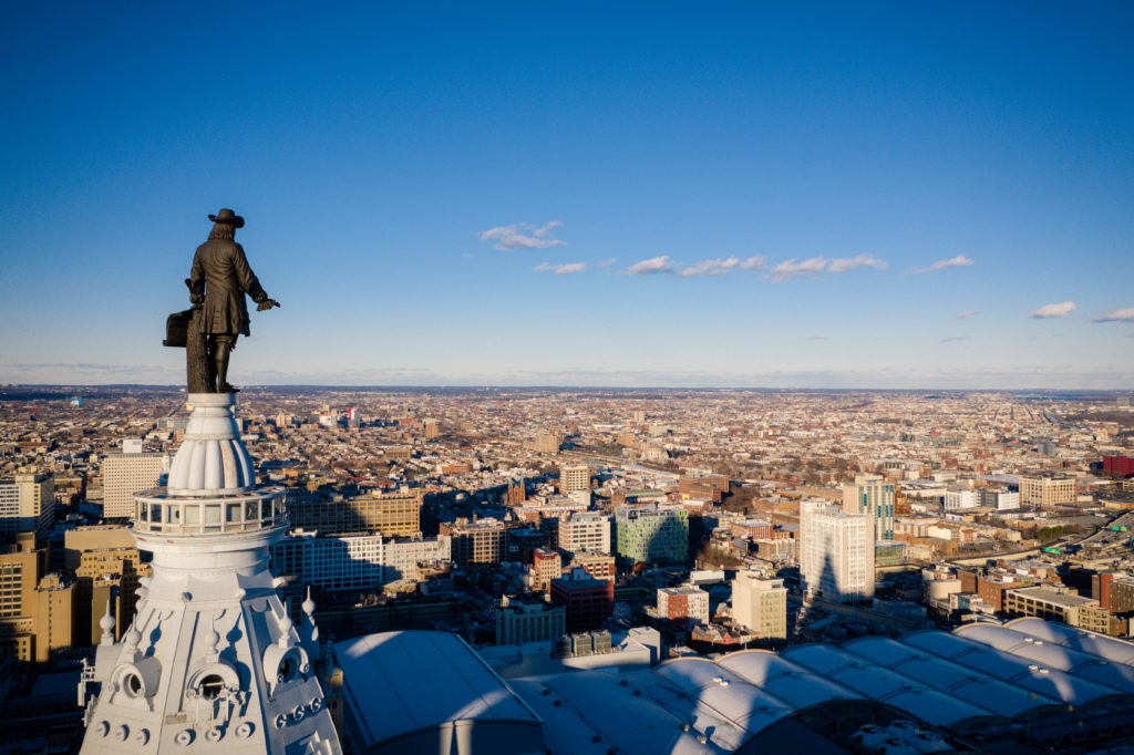 WIlliam Penn on top of Philadelphi City Hall overlooking Philadelphia